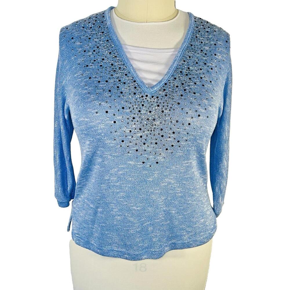 Cathy Daniels Sweater Womens Size XL Light Blue V-Neck Beaded 3/4 Sleeve